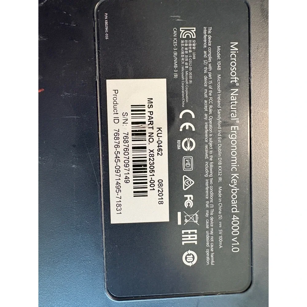 Microsoft Natural Ergonomic Keyboard 4000 v1.0 Model 1048 Wired USB Black